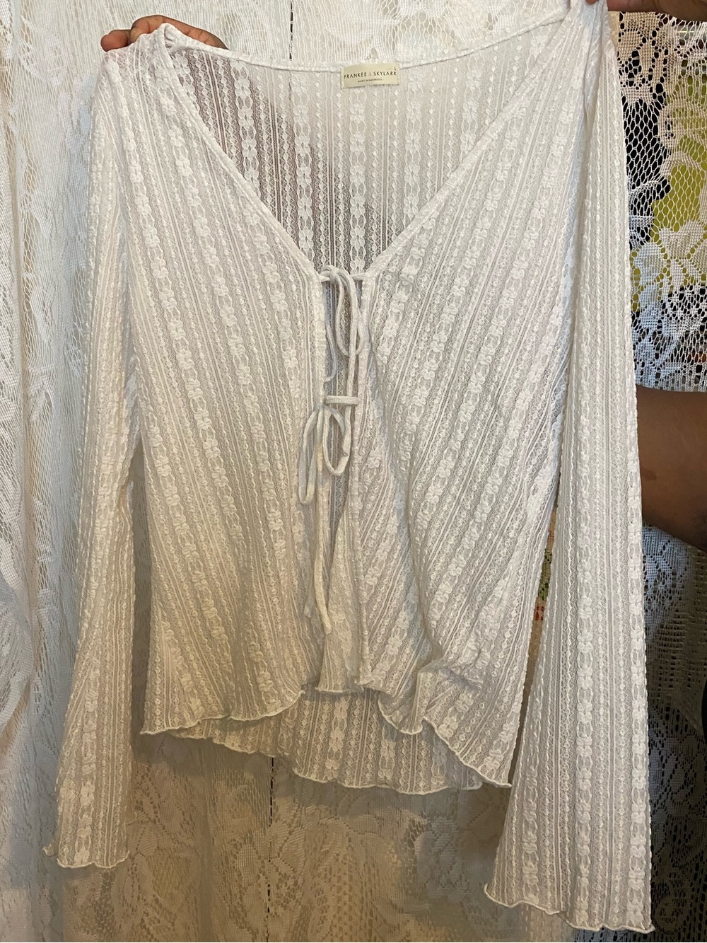 Textured White Tie-Front Lace Blouse